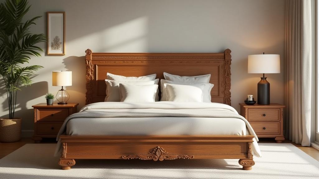 Hand-carved teak wood bed frame in a modern bedroom interior