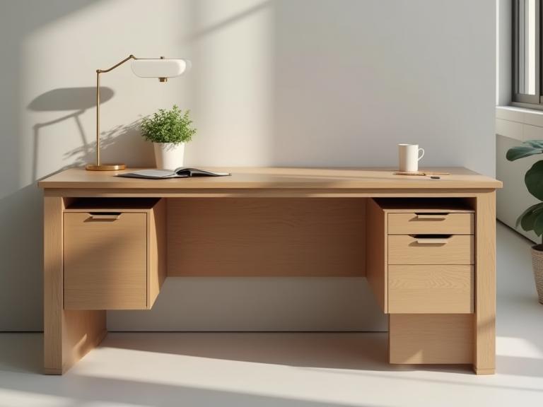 Ergonomic wooden office desk with built-in storage and sleek design